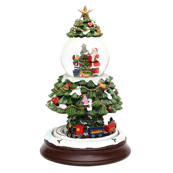 Dekohelden24 XXL Schneekugel, Weihnachtsbaum mit Eisenbahn und Schneewirbel, L/H/B 17 x 17 x 27,5 cm