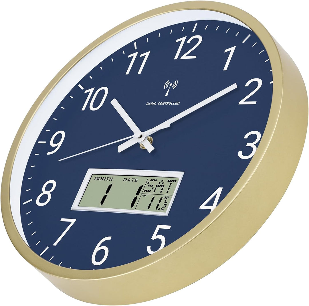 Foxtop Funk-Wanduhr Digital & Analog 30cm mit LCD-Anzeige – Digitale Funkuhr Wanduhr mit Temperatur,