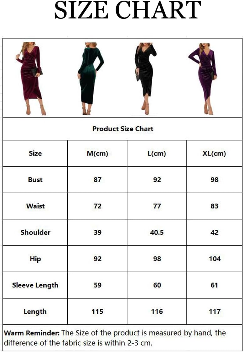 XIVISTO Damen Lange Samtkleid Langarm V-Ausschnitt Bodycon Kleid Elegant Abendkleid Vintage Party Co
