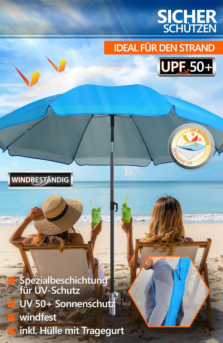 4smile Sonnenschirm Strand Ø 200 cm mit Eindrehbodenhülse, Blau | Strandschirm windfest stabil mit E