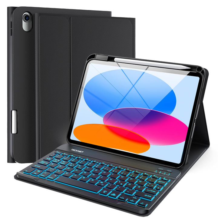 TECKNET iPad Hülle mit Tastatur für A16 11/10 Generation 2025/2022 11/10,9 Zoll, 7 Farben Beleuchtet