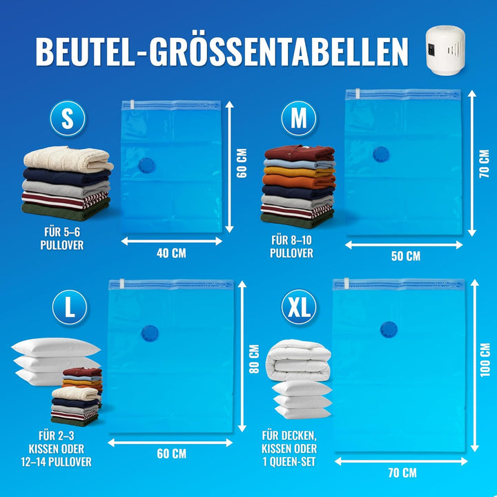 Allyson® Vakuumbeutel für Kleidung mit Pumpe, 10 Stück Wiederverwendbare Aufbewahrungsbeutel Kompres