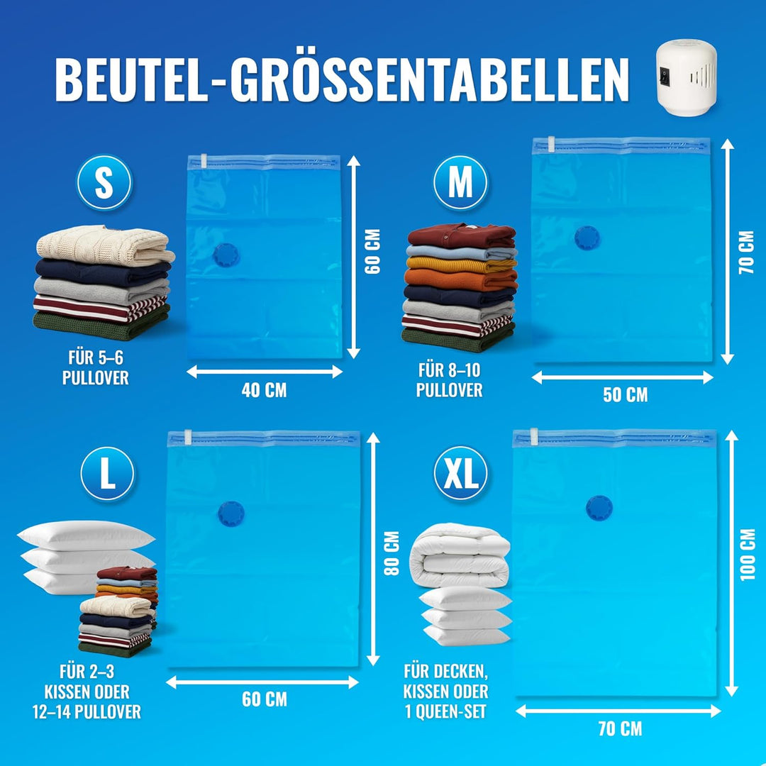 Allyson® Vakuumbeutel für Kleidung mit Pumpe, 16 Stück Wiederverwendbare Aufbewahrungsbeutel Kompres