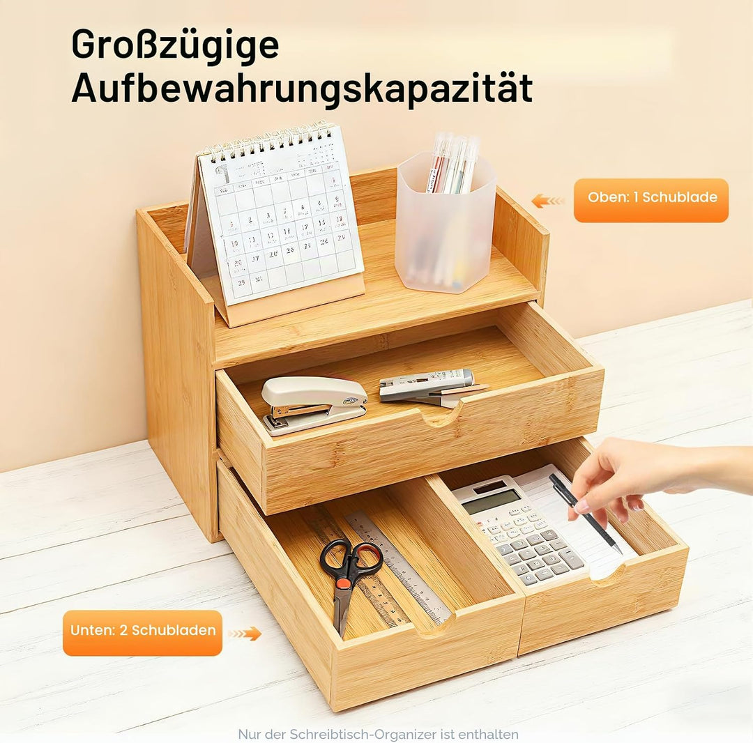 Bambus Schreibtischorganizer mit 3 Schubladen, Holz Schreibtischorganizer, Multifunktionaler Schreib