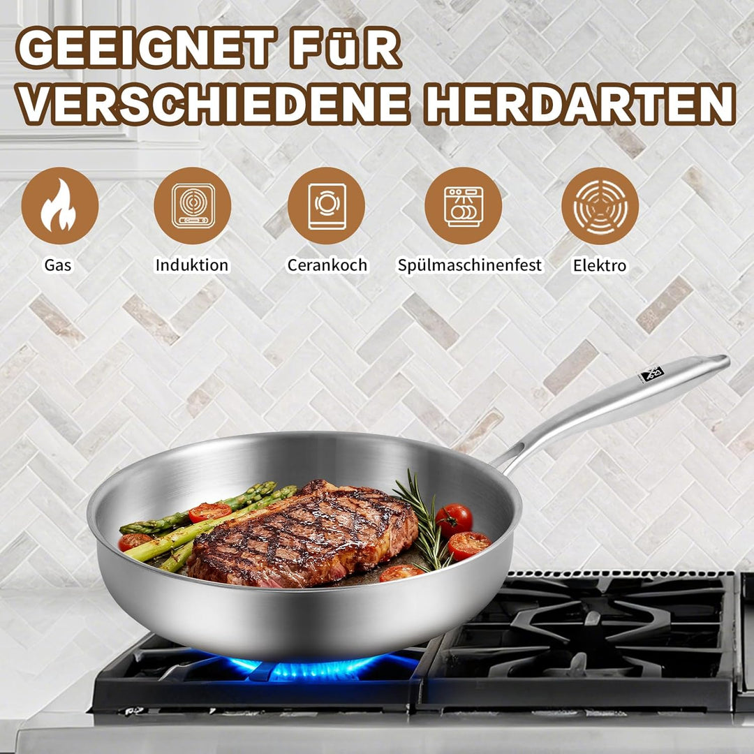 Edelstahlpfanne 28 cm, Edelstahl Pfanne Induktion Unbeschichtet, Stainless Steel Pan PFAS-, PTFE- un