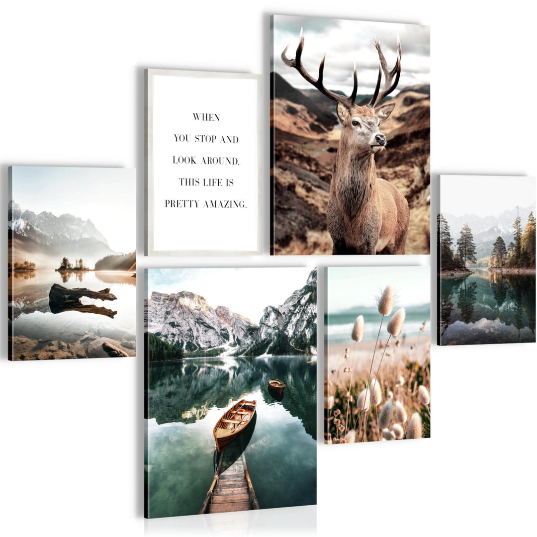 Novart Bilder Set - AUFHÄNGFERTIG - KEIN EXTRA RAHMEN BENÖTIGT - Wald Hirsch Modern Natur Berge - Wo