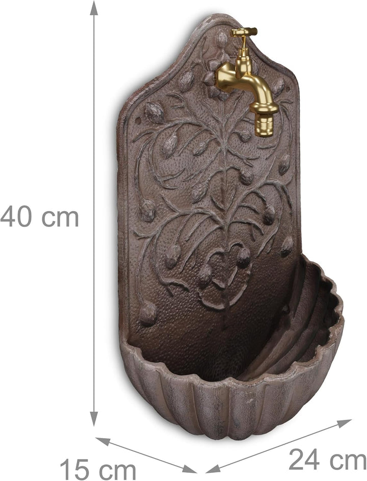 Relaxdays Wandbrunnen, mit Wasserhahn, Waschbecken Garten, Gusseisen, HxBxT: 40 x 24 x 15 cm, antike