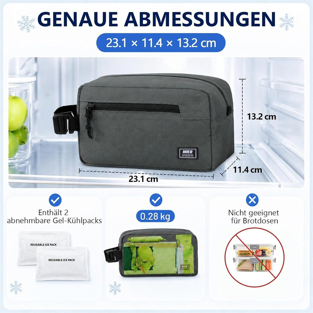 MIER gefrierbare Kühltasche klein 3L, Lunchbag, Snackbox, Grau | Für das Tiefkühlfach gemacht, breit