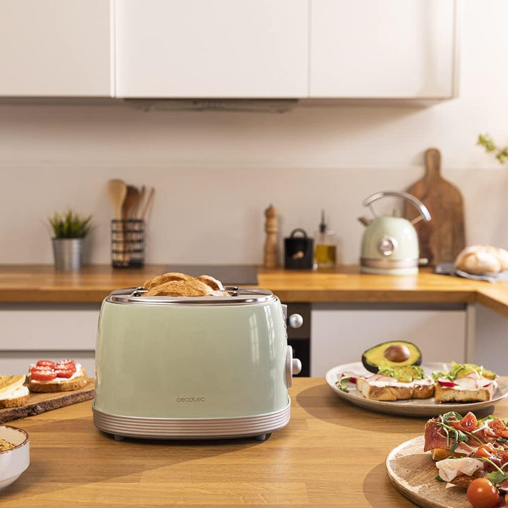 Cecotec Toast&amp;Taste 800 Vintage Light Green, 850 W, Doppelschlitz, extra breit, 3, 8 cm, 2 Toasten,