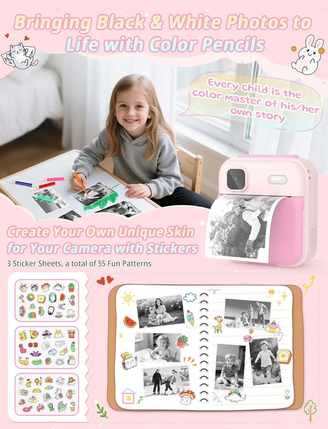 YOHOOLYO Sofortbildkamera Kinder 2,4 Zoll 1080P HD Kinderkamera mit 3 Rollen Druckpapier 32GB Karte