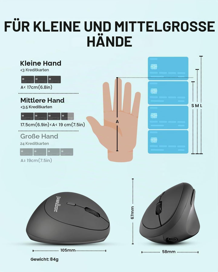 Perixx PERIMICE-719RX Kabellose Duo-Akku Ergonomische Vertikale Maus, 2.4GHz, 6 Tasten, Einstellbare