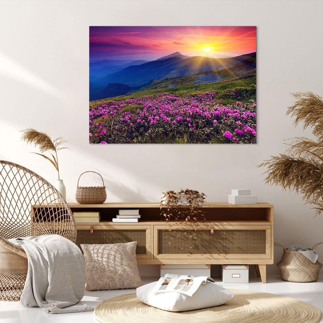 ARTTOR Bilder auf Leinwand 100x70cm Leinwandbild Wiese Berge Landschaft Gross Wanddeko Bild Schlafzi