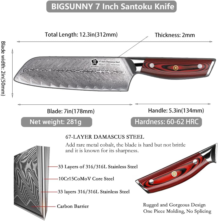 WILDMOK Damast SantokuMesser, 17.8 cm scharfes professionelles Fleisch Gemüsemesser, Japanisches Mul