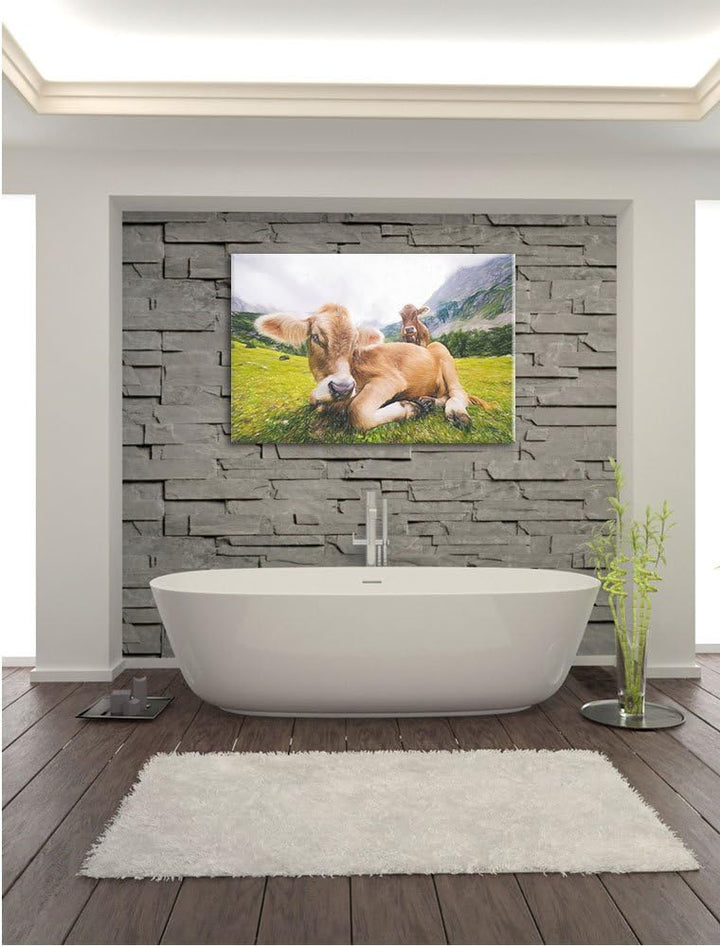 Pixxprint Almkuh in den Bergen / 100x70cm Leinwandbild bespannt auf Holzrahmen/Wandbild Kunstdruck D