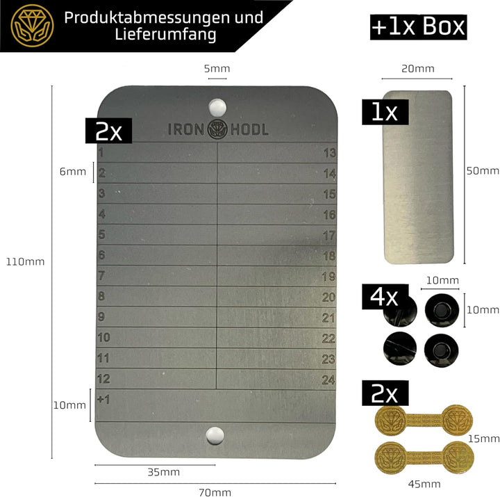 IRON HODL Steel Wallet + Gravierstift blau + Testplatte, Schrauben, Sticker, Box - (2x 24+1) Recover