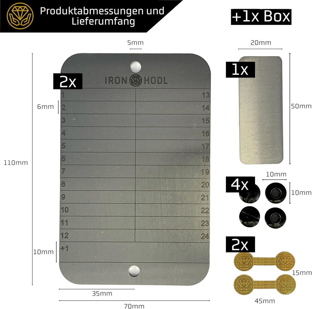 IRON HODL Steel Wallet + Gravierstift gold + Testplatte, Schrauben, Sticker, Box - (2x 24+1) Recover