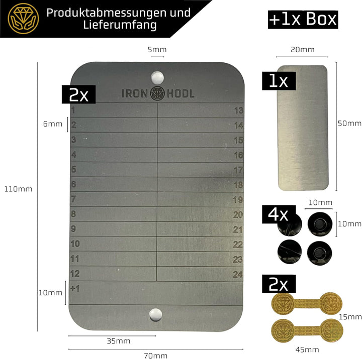 IRON HODL Steel Wallet + Gravierstift gold + Testplatte, Schrauben, Sticker, Box - (2x 24+1) Recover