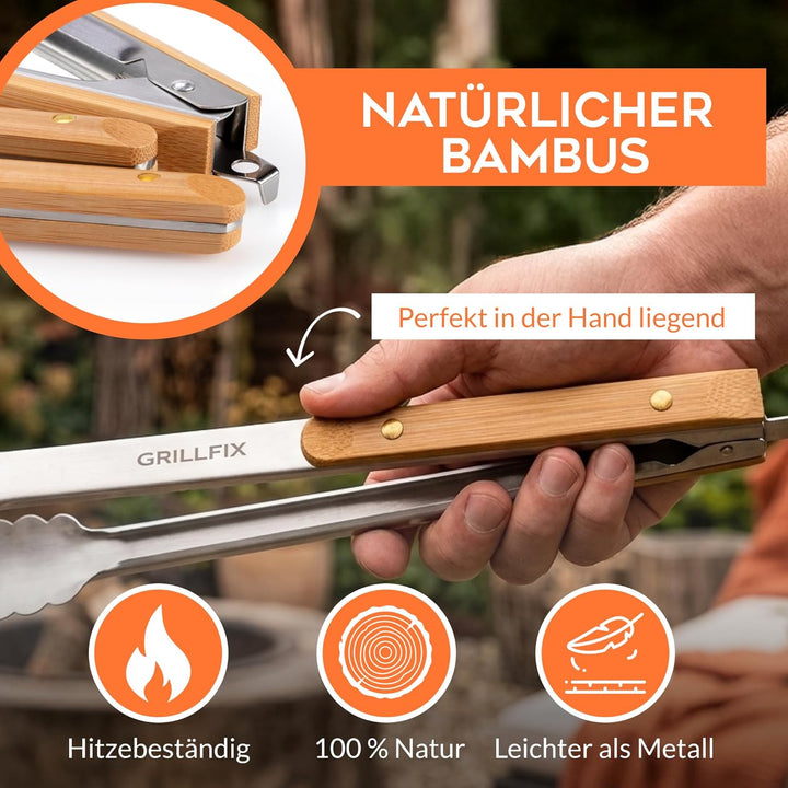BBQ Grillbesteck Set extra lang 38cm, aus Edelstahl holzverziert | 3-teilig Geschenkset für Männer u