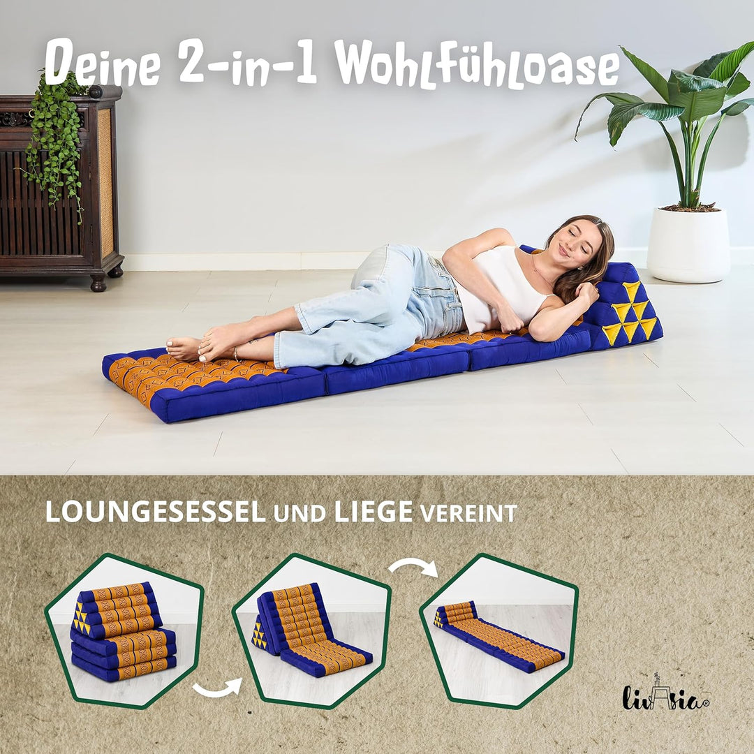 livasia Thaikissen mit 3 Auflagen, Dreieckskissen mit Klappmatratze, Keilkissen Kapok, Rückenkissen