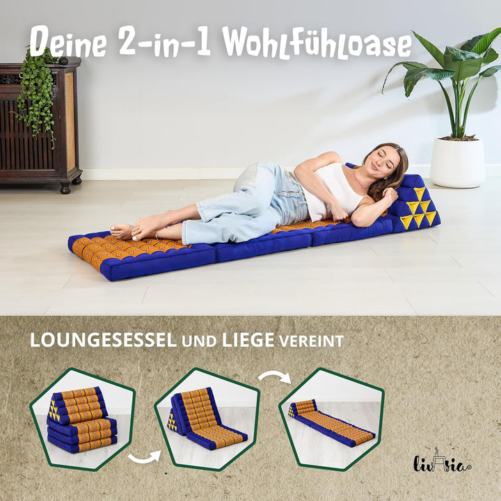 livasia Thaikissen mit 3 Auflagen, Dreieckskissen mit Klappmatratze, Keilkissen Kapok, Rückenkissen