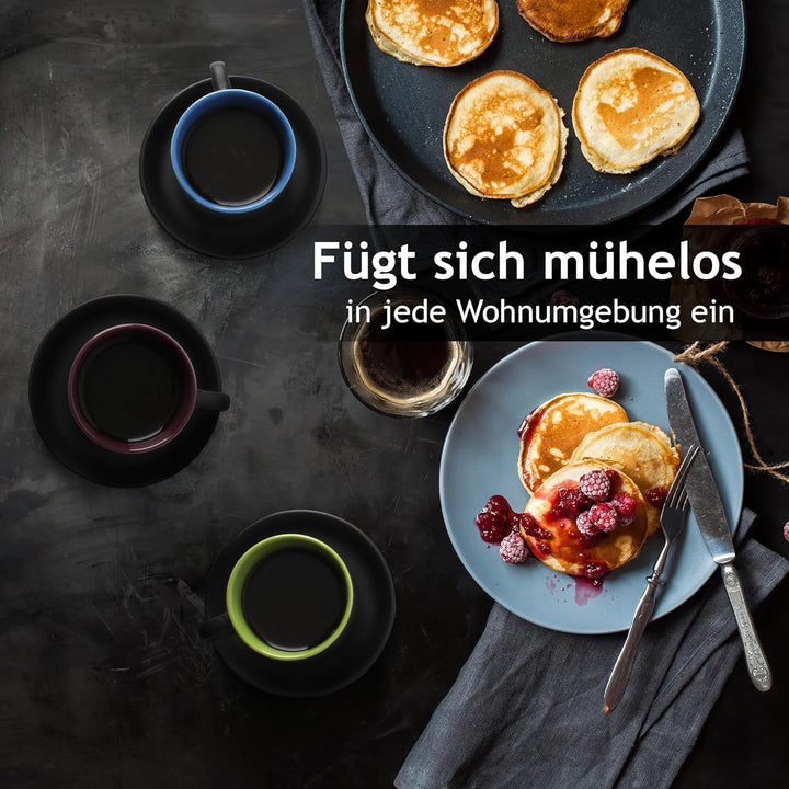 MIAMIO - 6 x 75 ml Espressotassen Set/Espresso Tassen Set mit Untertasse & Ständer - Kaffeetassen Se