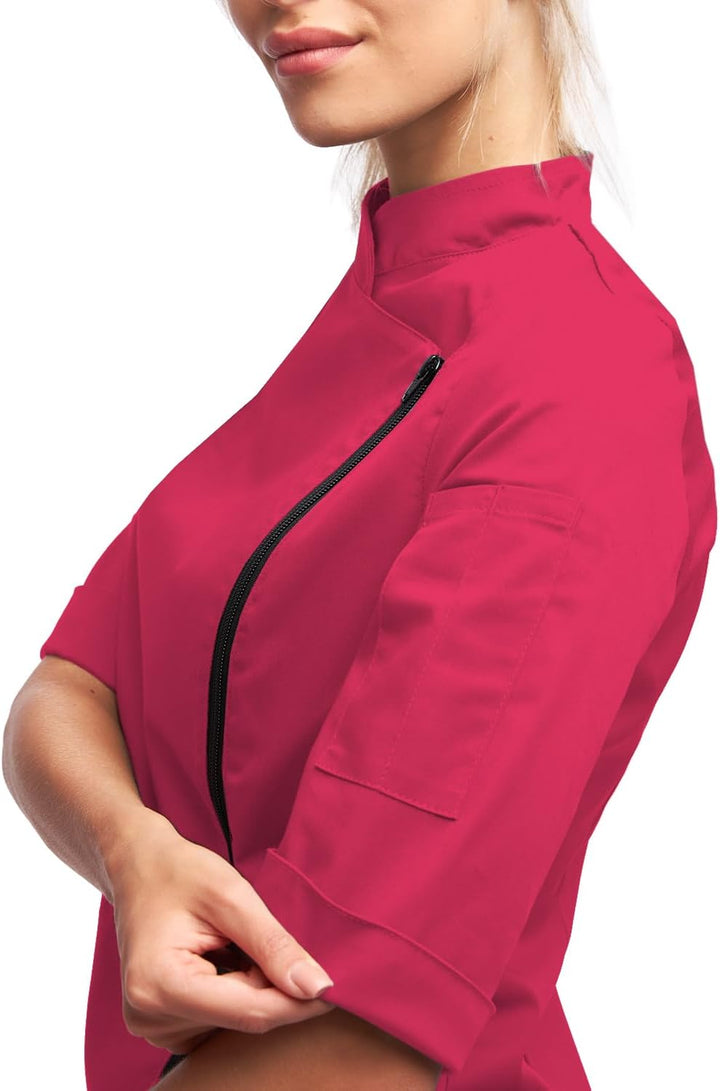 strongAnt Kochjacke Damen kurzarm Stretch mit Druckknöpfen oder Reissverschluss Kochuniform XS Pink