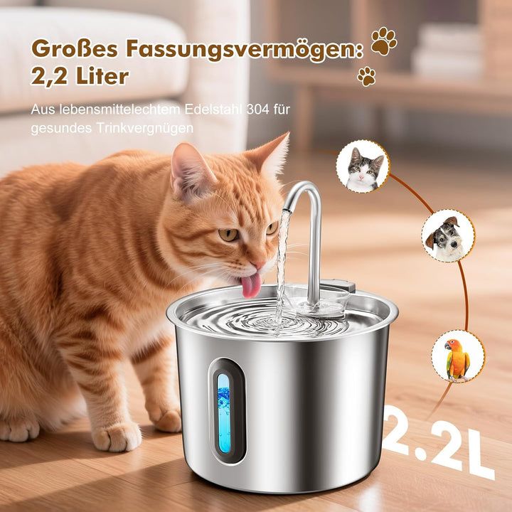 Katzenbrunnen Edelstahl 2.2L, Rever Ultraleiser Trinkbrunnen für Katzen mit Wasserstandsfenster, 3-S