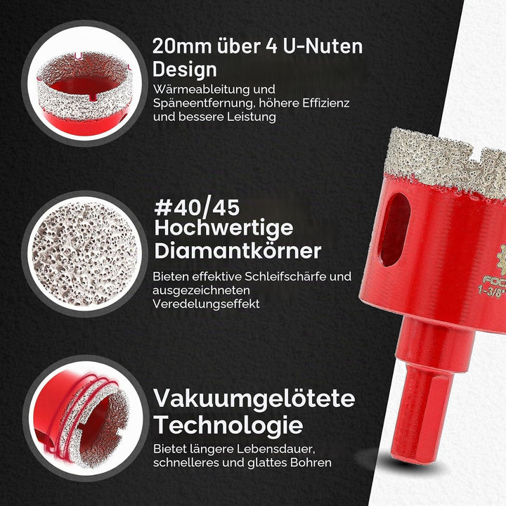 FOCSTOL Diamant Fliesenbohrer Set - 6/6/8/10/20/25/32/35/45/50/65mm mit Dreikantschaft für Porzellan
