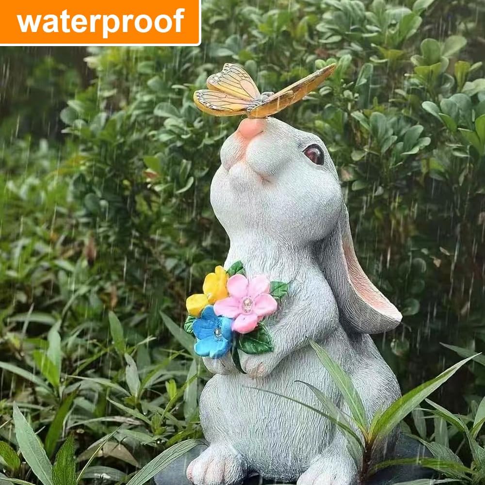 Solar Kaninchen Figuren Gartendeko für Draussen, Kaninchen Gartenstatuen mit Solarlicht, Osterhase m