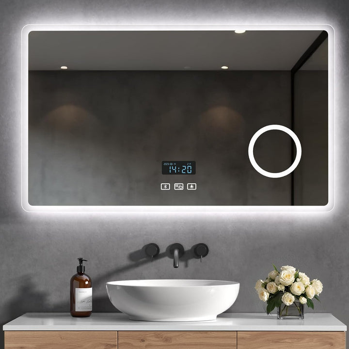 Heilmetz Bluetooth Badspiegel mit Beleuchtung 100x60cm, LED Badezimmerspiegel mit Licht, Uhr, 3 Lich