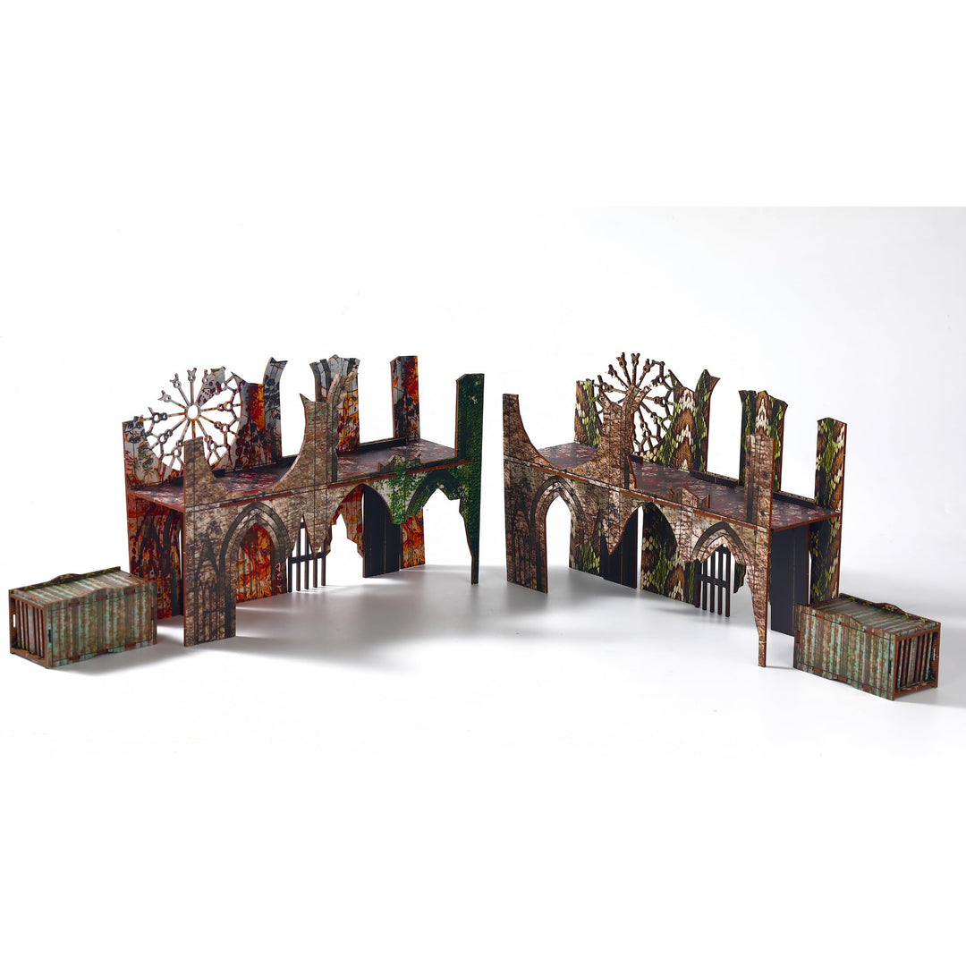 Epic 2 Ruined Building Church Bridges Terrain Set for WH40K, DND, Pathfinder, 28mm Miniatures - Modu
