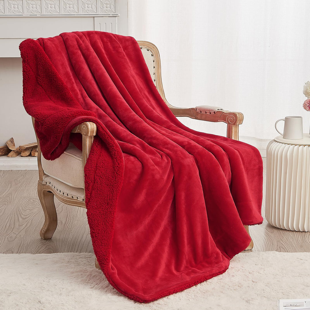 SOCHOW Sherpa Decke Klassisch Rot zweiseitige Wohndecken Kuscheldecken, extra Dicke warm Sofadecke/C