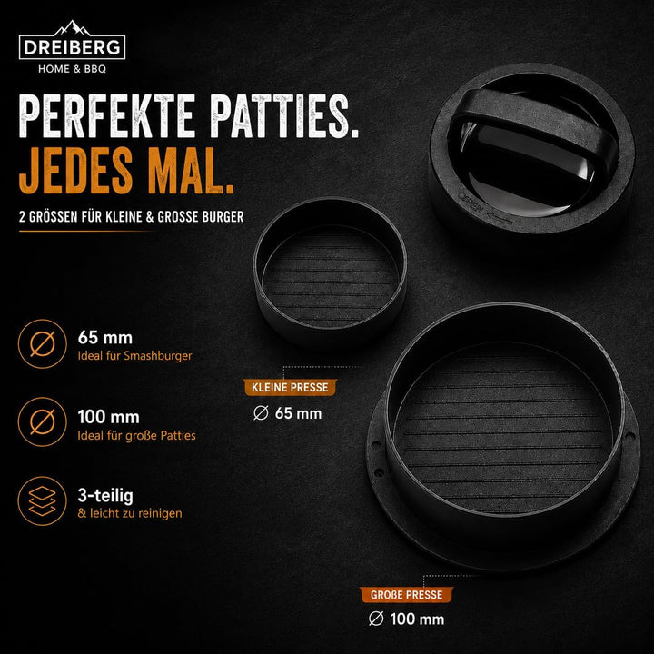 Burger Set aus Edelstahl inkl. Grillspachtel Set, Schmelzglocken, Burgerpresse, Smasher, Gewürzstreu