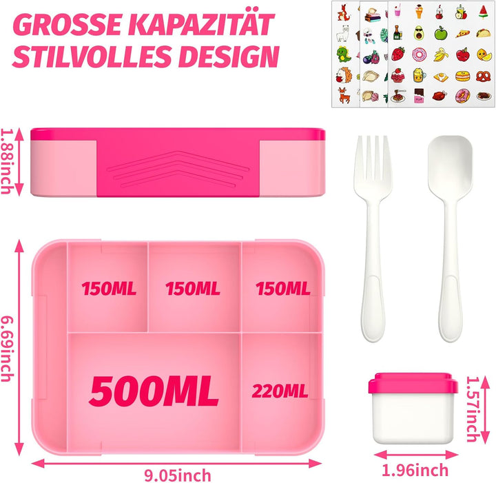 SWVIODMT Brotdose Kinder mit Fächern, 1300ml Lunchbox Kinder, Bento Box mit 5 Fächern Besteckset, Au