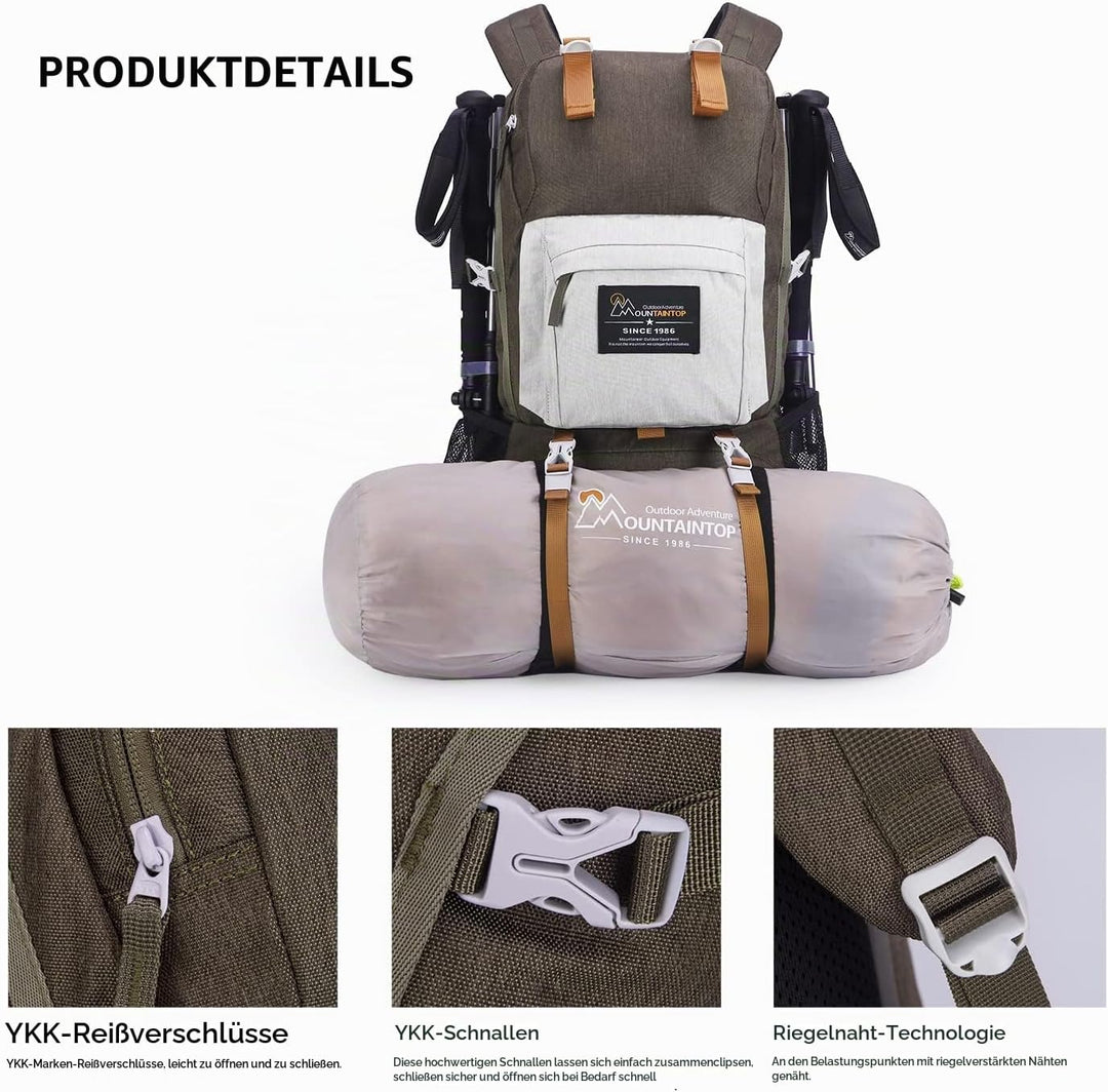 Mountaintop 40L Wanderrucksack Herren Damen mit Regenhülle für Reisen 40 Liter Braun, 40 Liter Braun