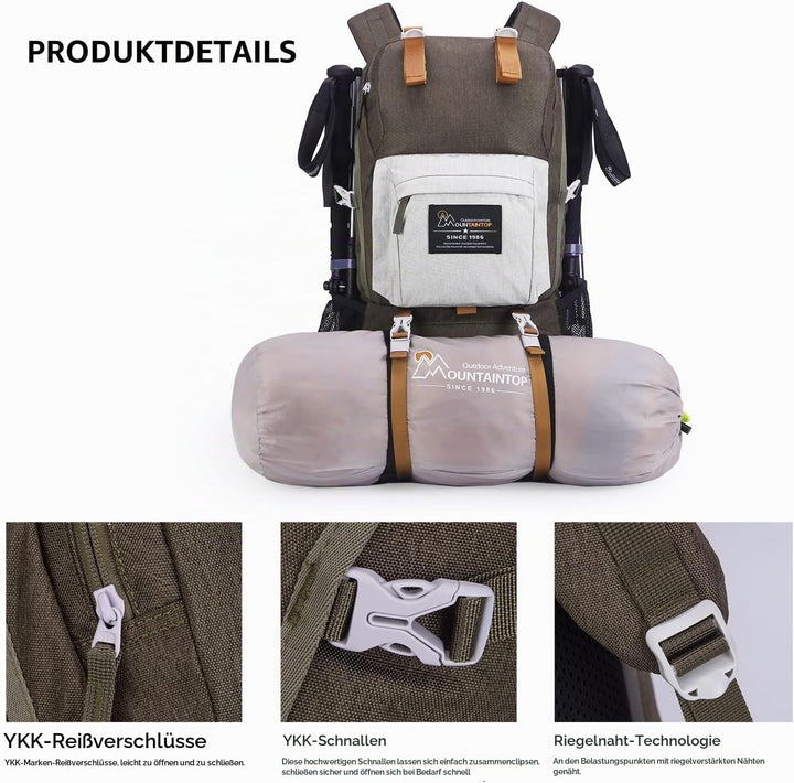 Mountaintop 40L Wanderrucksack Herren Damen mit Regenhülle für Reisen 40 Liter Braun, 40 Liter Braun