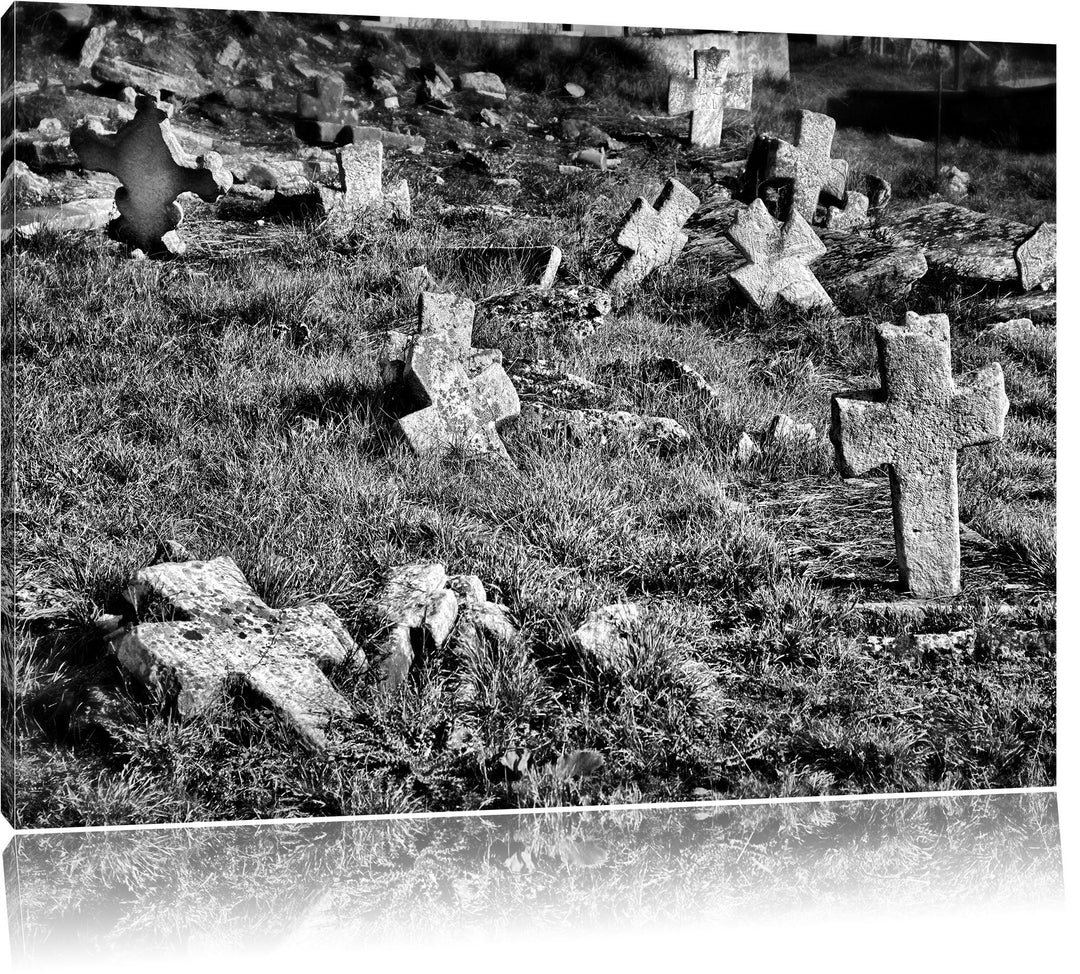 Pixxprint Friedhof schwarz weiss / 100x70cm Leinwandbild bespannt auf Holzrahmen/Wandbild Kunstdruck