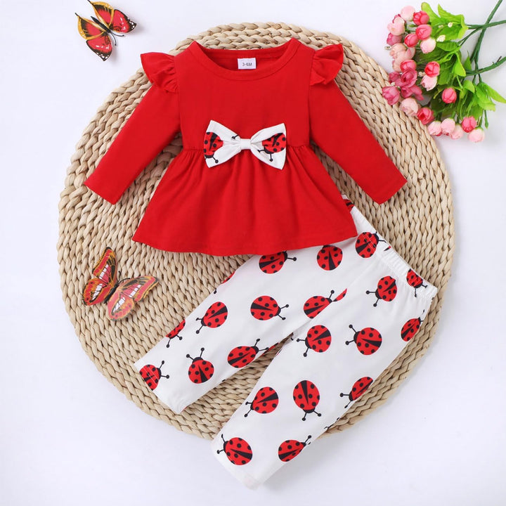 Baby Mädchen Kleidung Outfit, Marienkäfer Langarm Top mit Schleifenknoten + Hose 2 Stücke Set, Langa