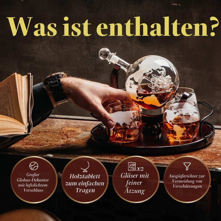 Kemstood Whisky Karaffe Globus Set (850 ml) - Edler Whiskey Decanter mit Gläser, Holzständer und ein