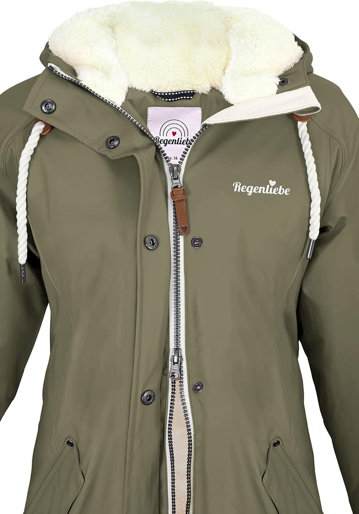 Regenliebe Damen Regenmantel wasserdicht Friesennerz mit Teddyfleece gefüttert 36 oliv, 36 oliv