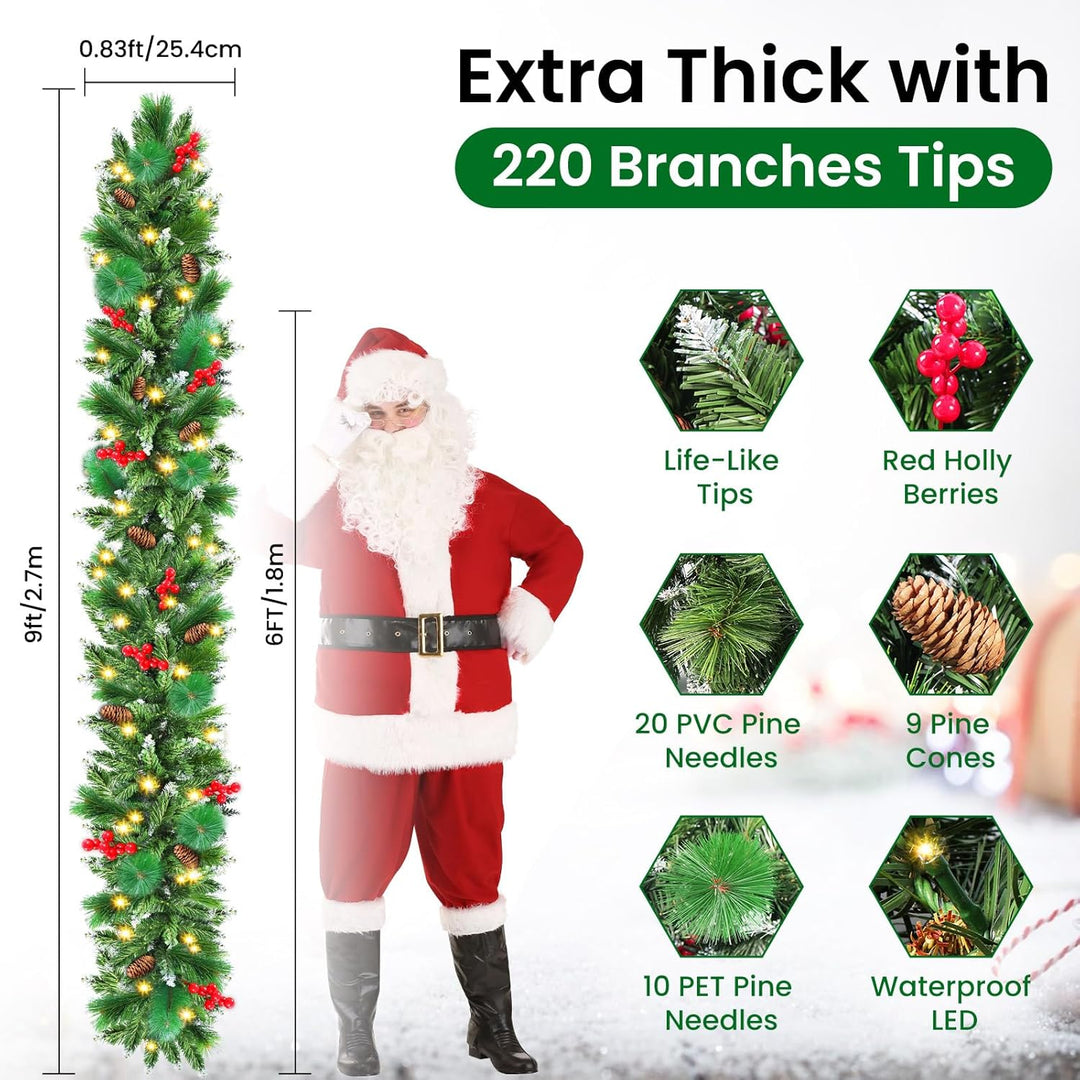 Weihnachtsgirlande, 2,7 m, Weihnachtsgirlande mit Lichtern, künstliche Weihnachtsbaumgirlande, Weihn