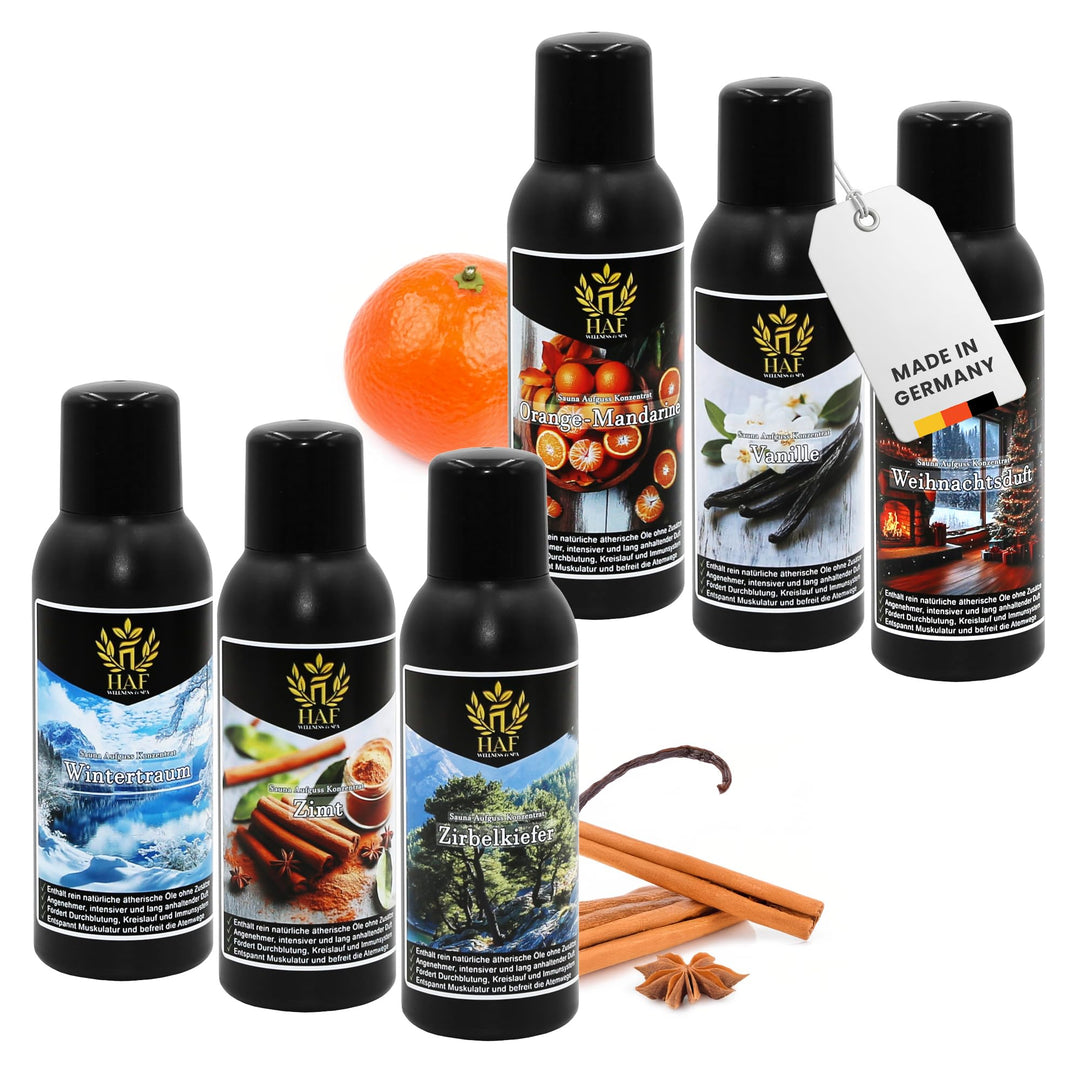 HAF Saunaaufguss Set „Weihnachtszauber“ - 6 x 250ml Sauna Aufgussmittel Orange Mandarine, Vanille, W
