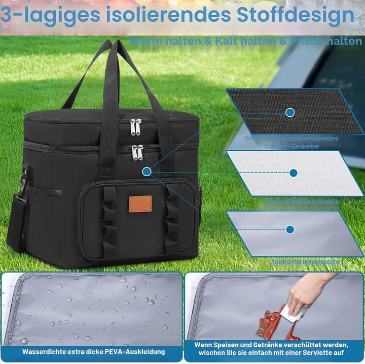 Kühltasche, 30.7L Doppel-Kühltasche Gross Faltbar, Thermotasche Hält Warm & Kalt, Picknicktasche mit