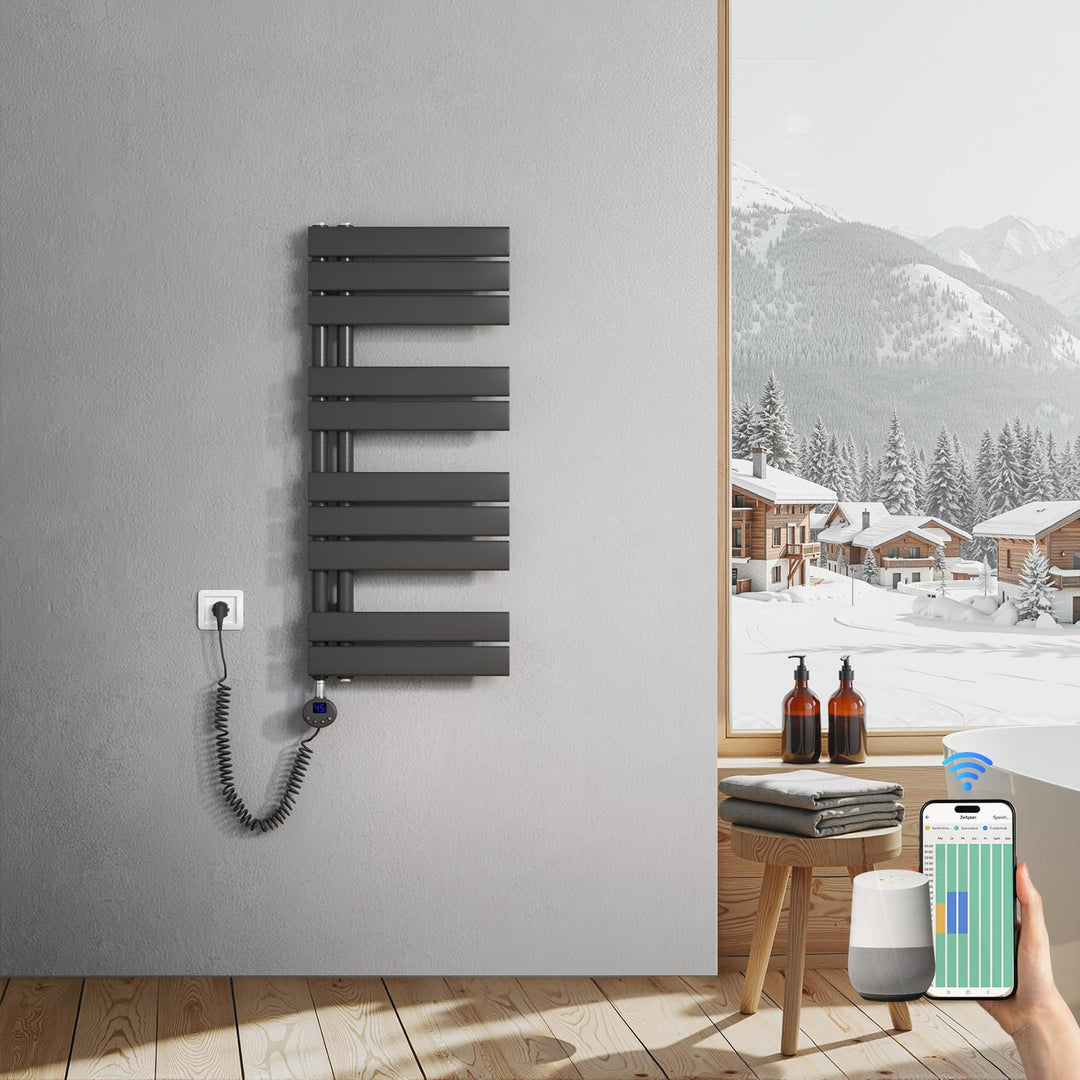 Heilmetz Badheizkörper Elektrisch 899 x 400mm Anthrazit mit WIFI Smart Heizstab 400W, Flach Handtuch