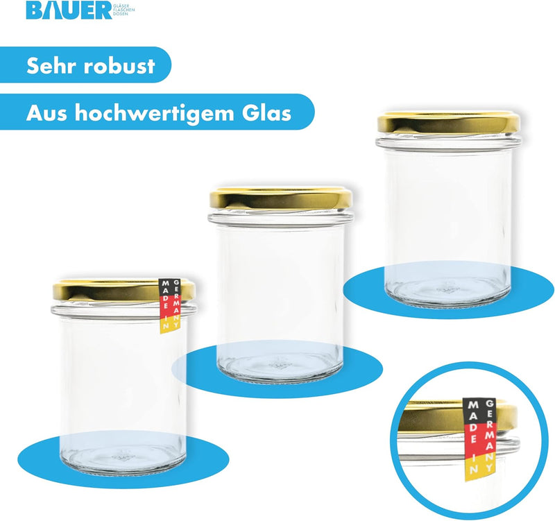 flaschenbauer.de 24er Set Sturzgläser 214 ml inkl. goldene Twist Off Deckel TO66 zum Einmachen von S