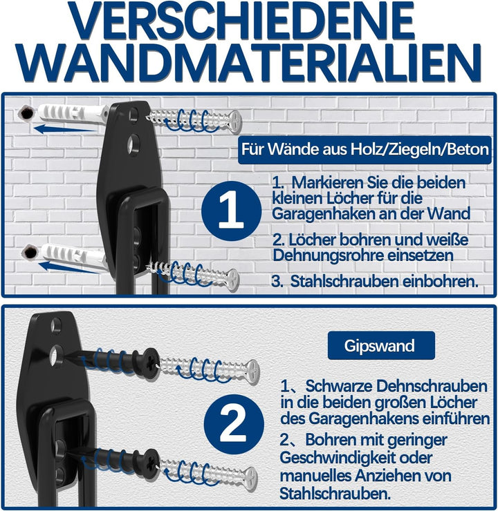 3-H Wandhaken Garage, Doppelhaken, Gerätehaken 10 Stück, Wandhaken Schwerlast für Leiter, Werkzeuge,