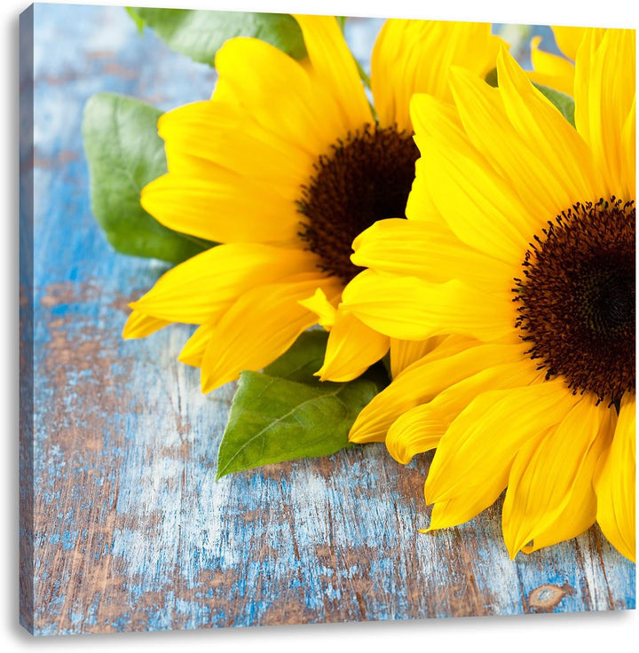 Pixxprint Sonnenblumen auf Holztisch als Leinwandbild/Grösse: 70x70 cm/Wandbild/Kunstdruck/fertig be