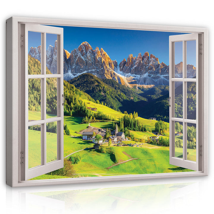WallArena - Leinwand Bilder - Fensterbilck Fenster Natur Berge Alpen - 80x60 cm Leinwandbilder - Bil