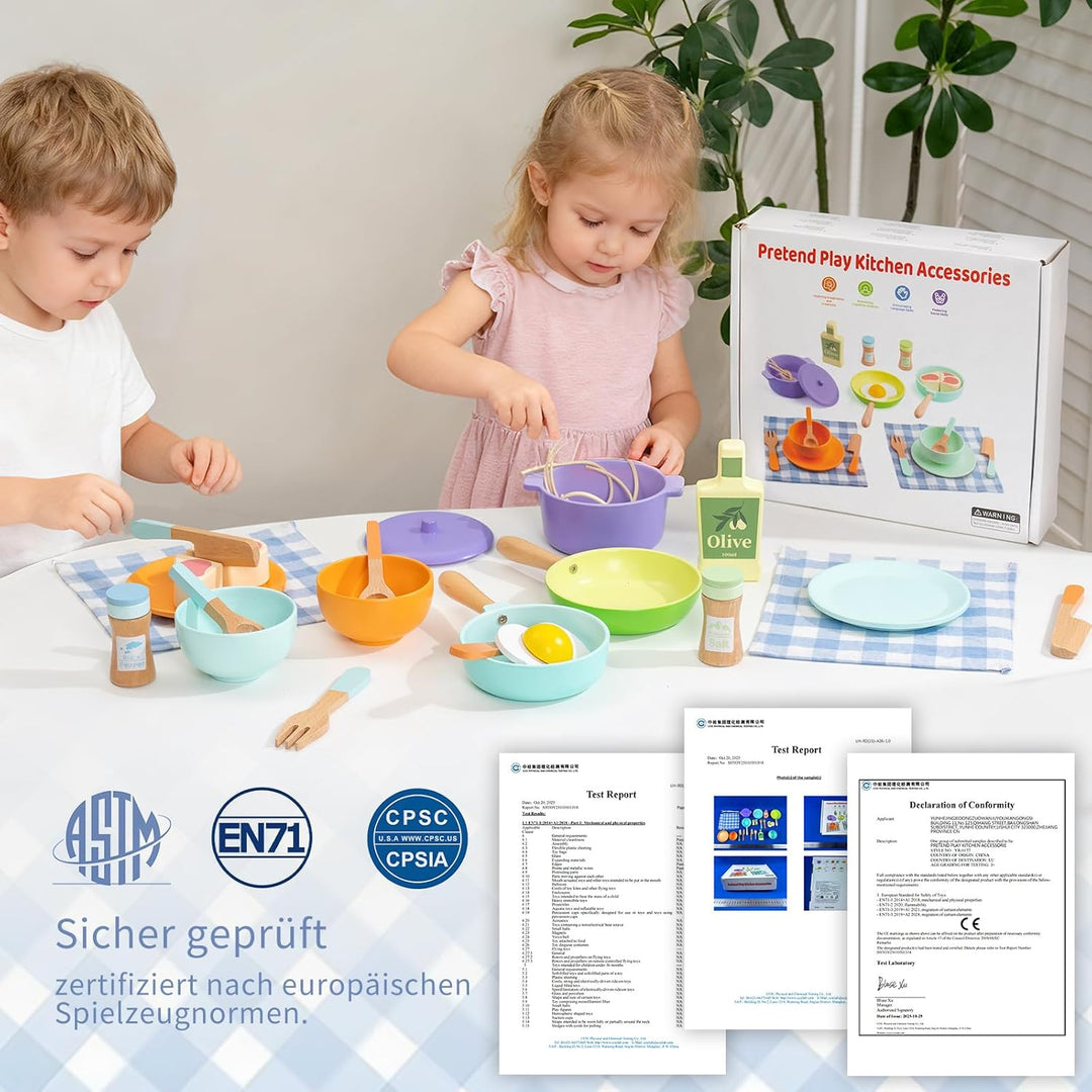 Kinderküche Zubehör Holz,Spielküche Zubehör,Puppengeschirr,Kinder Kochset Töpfe und Pfannen Set,Roll