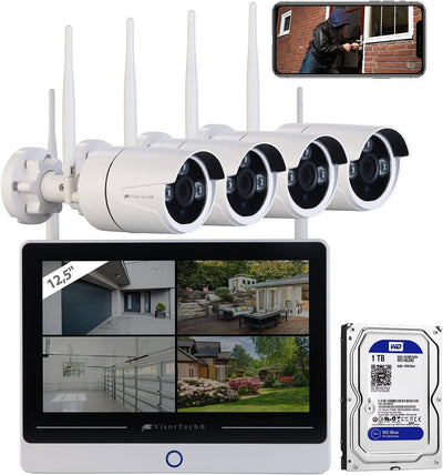 VisorTech Überwachungsanlage: Funk-Überwachungssystem mit Display-HDD-Rekorder (1 TB), 4 IP-Kameras